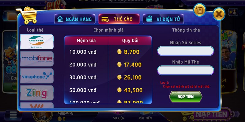 Nạp tiền Rikvip: Hướng dẫn nạp tiền chi tiết an toàn 2 Hình thức nạp tiền bằng thẻ cao thuận tiện rất chi tiết